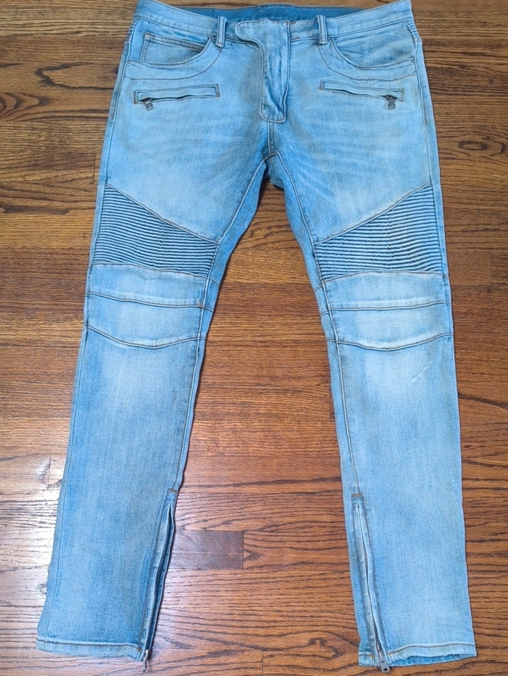MNML Light Blue Slim Biker Jeans with Knee Ribbing